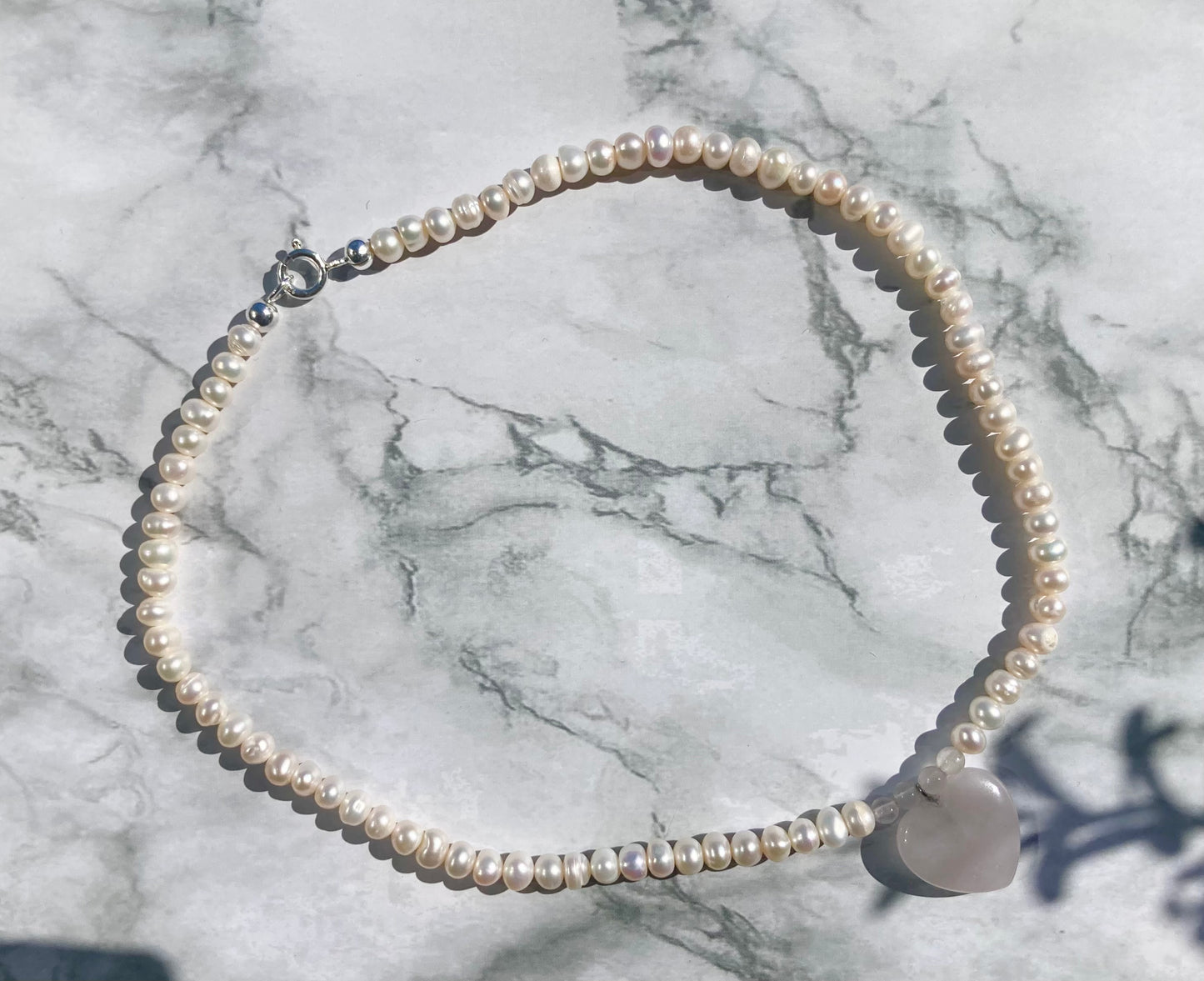 Freshwater Pearl Choker Necklace with Rose Quartz Heart Pendant and Sterling Silver Clasp