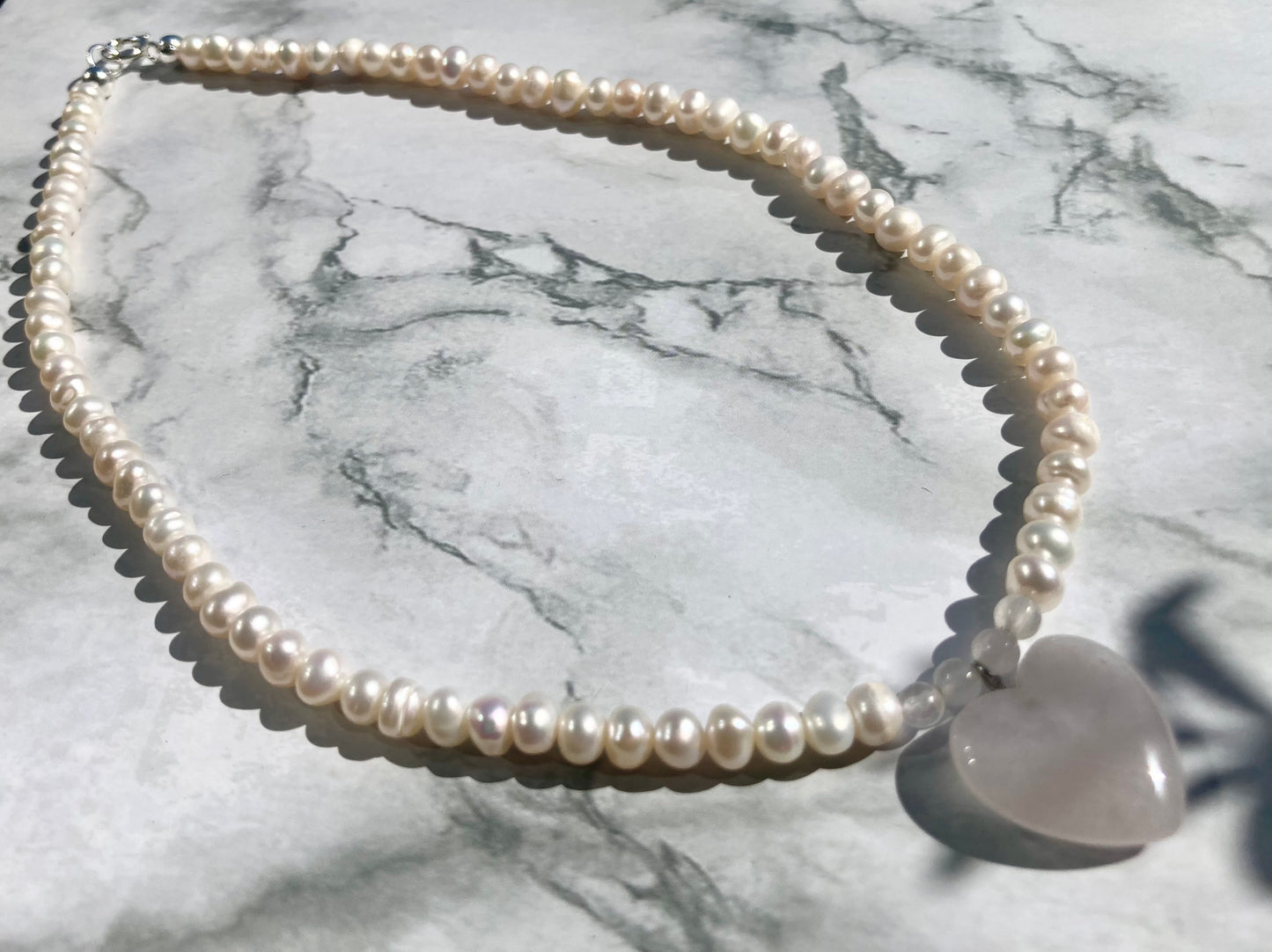 Freshwater Pearl Choker Necklace with Rose Quartz Heart Pendant and Sterling Silver Clasp