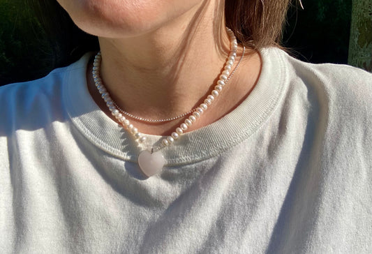 Freshwater Pearl Choker Necklace with Rose Quartz Heart Pendant and Sterling Silver Clasp