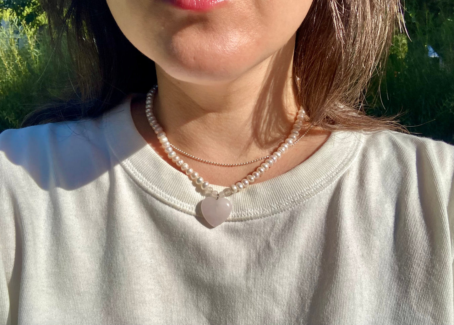 Freshwater Pearl Choker Necklace with Rose Quartz Heart Pendant and Sterling Silver Clasp