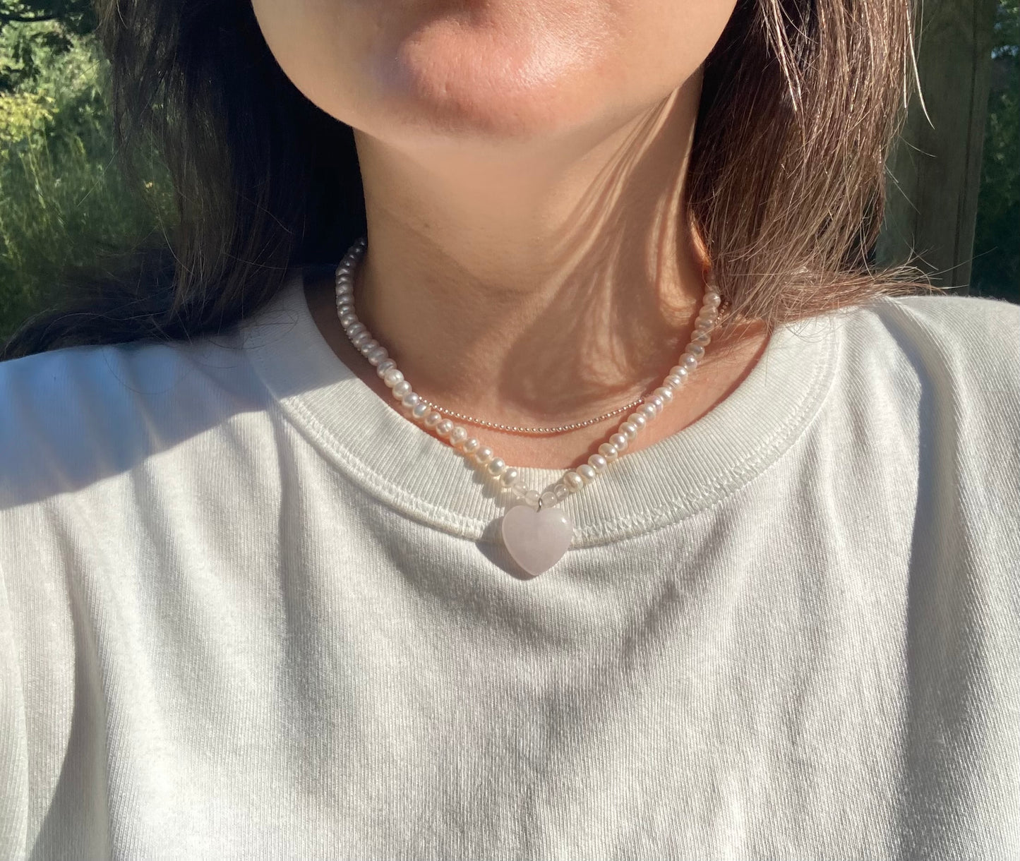 Freshwater Pearl Choker Necklace with Rose Quartz Heart Pendant and Sterling Silver Clasp