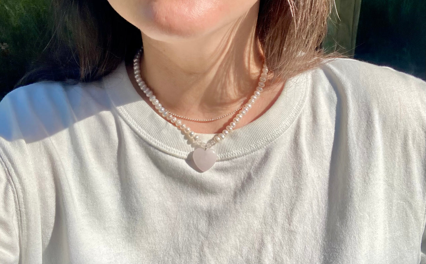 Freshwater Pearl Choker Necklace with Rose Quartz Heart Pendant and Sterling Silver Clasp