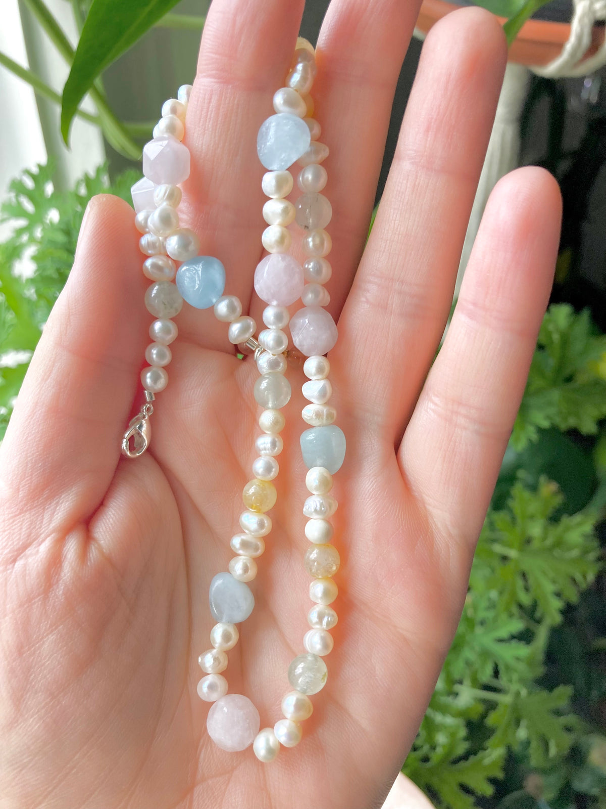 Lovely Pastel Gemstone and Freshwater Pearl Necklace with Aquamarine, Peridot, Citrine & Rose Quartz