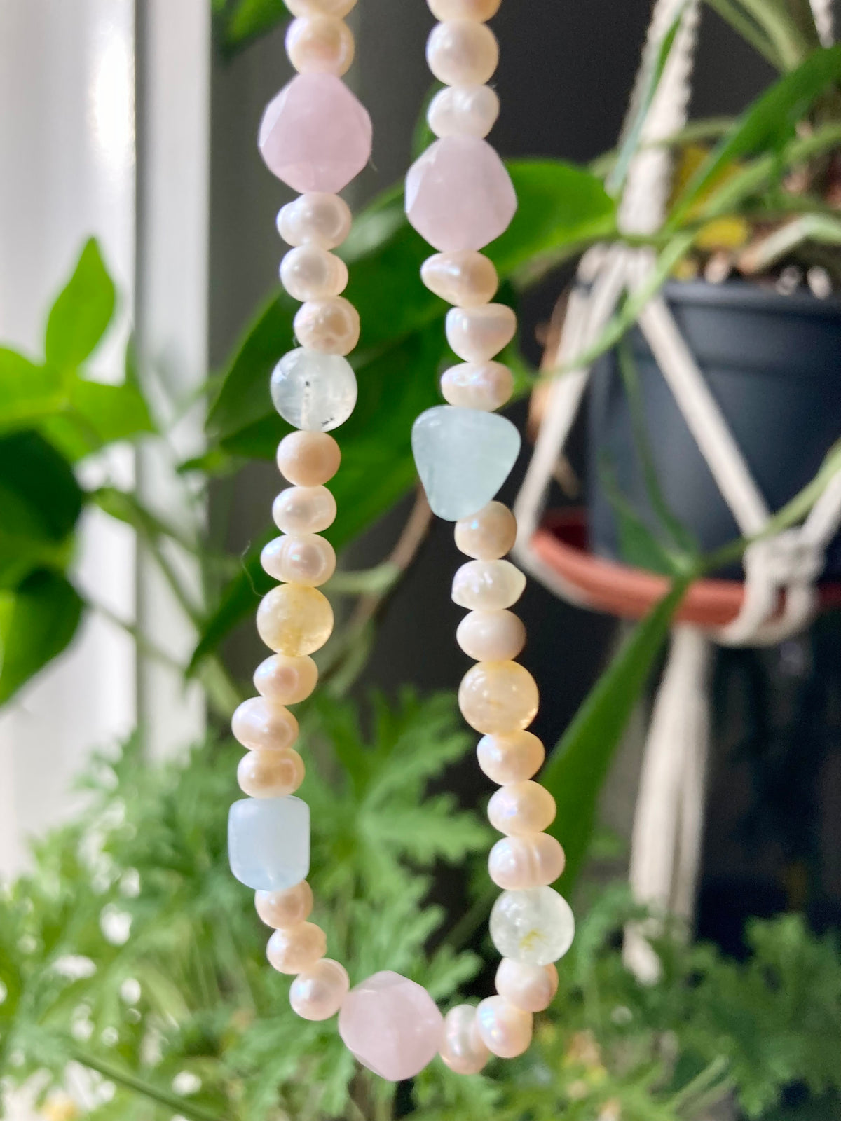 Lovely Pastel Gemstone and Freshwater Pearl Necklace with Aquamarine, Peridot, Citrine & Rose Quartz