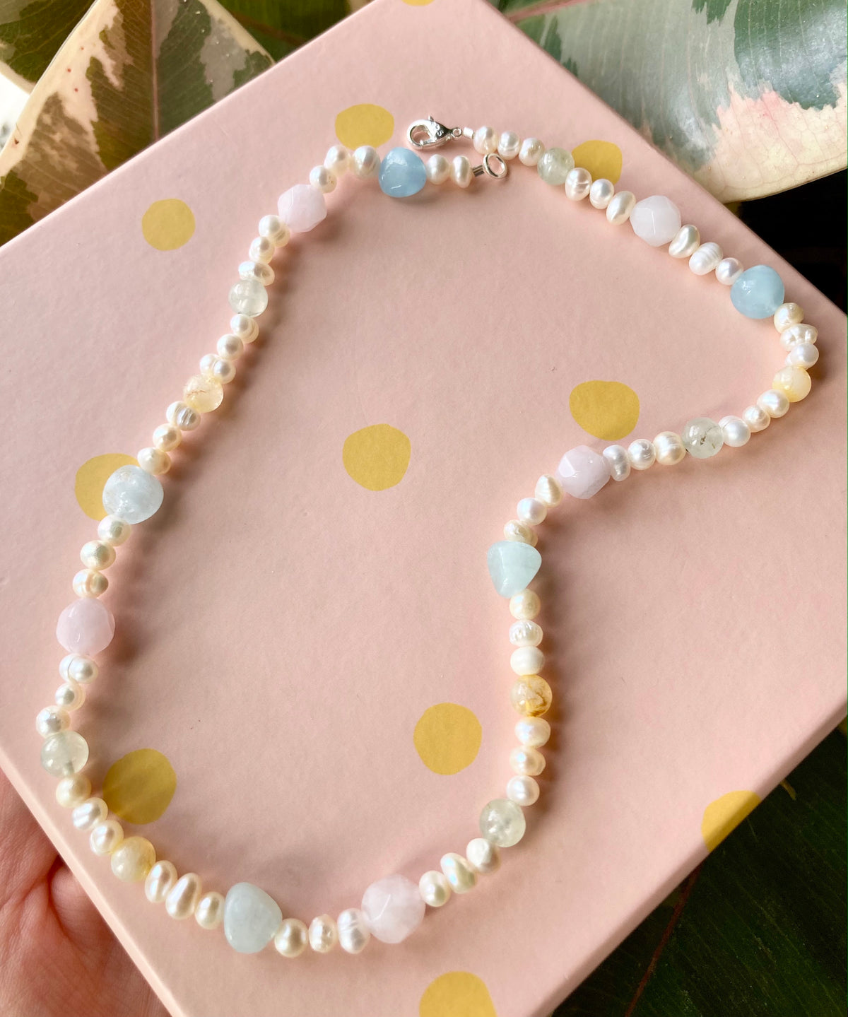 Lovely Pastel Gemstone and Freshwater Pearl Necklace with Aquamarine, Peridot, Citrine & Rose Quartz