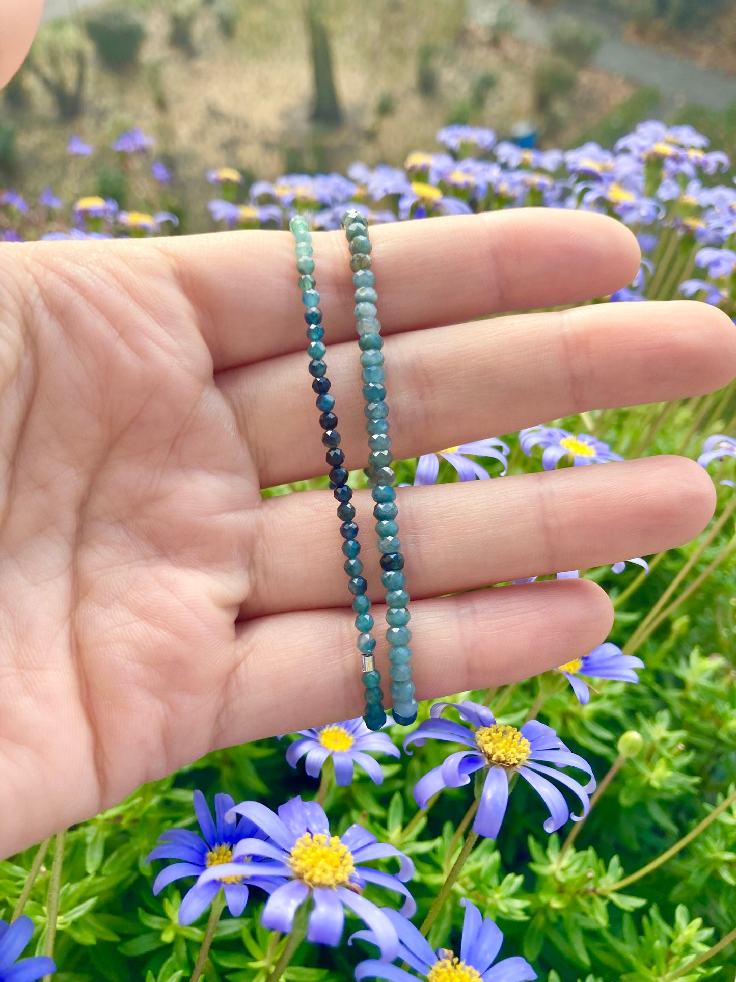 Natural Blue Tourmaline Elastic Bracelet with Faceted Tiny Gemstone Beads for Calming Benefits