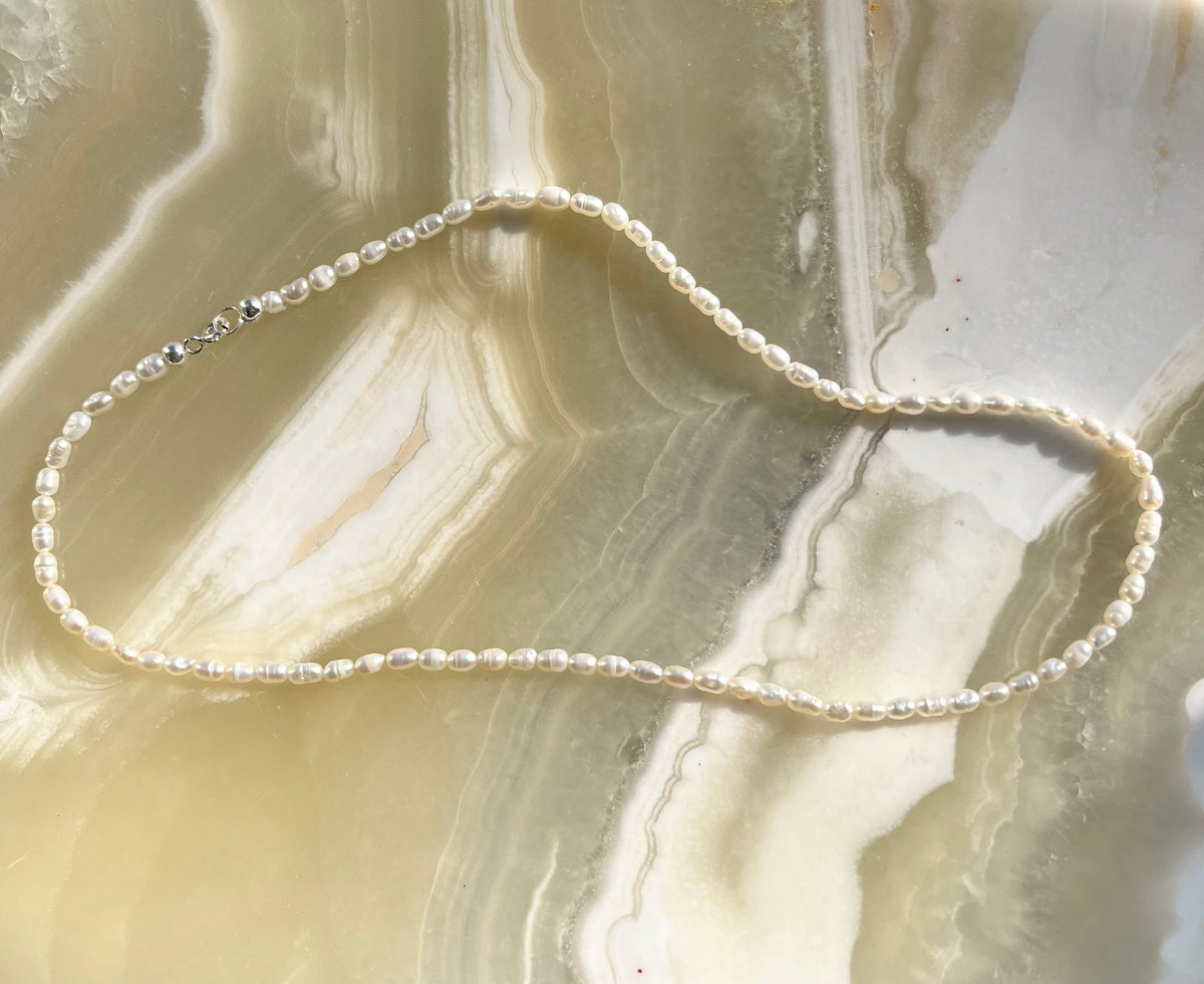 Delicate White Rice Freshwater Pearl Necklace with Sterling Silver Findings