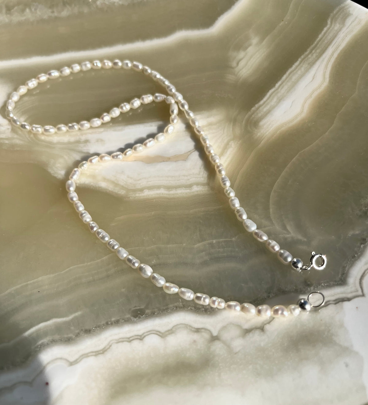 Delicate White Rice Freshwater Pearl Necklace with Sterling Silver Findings