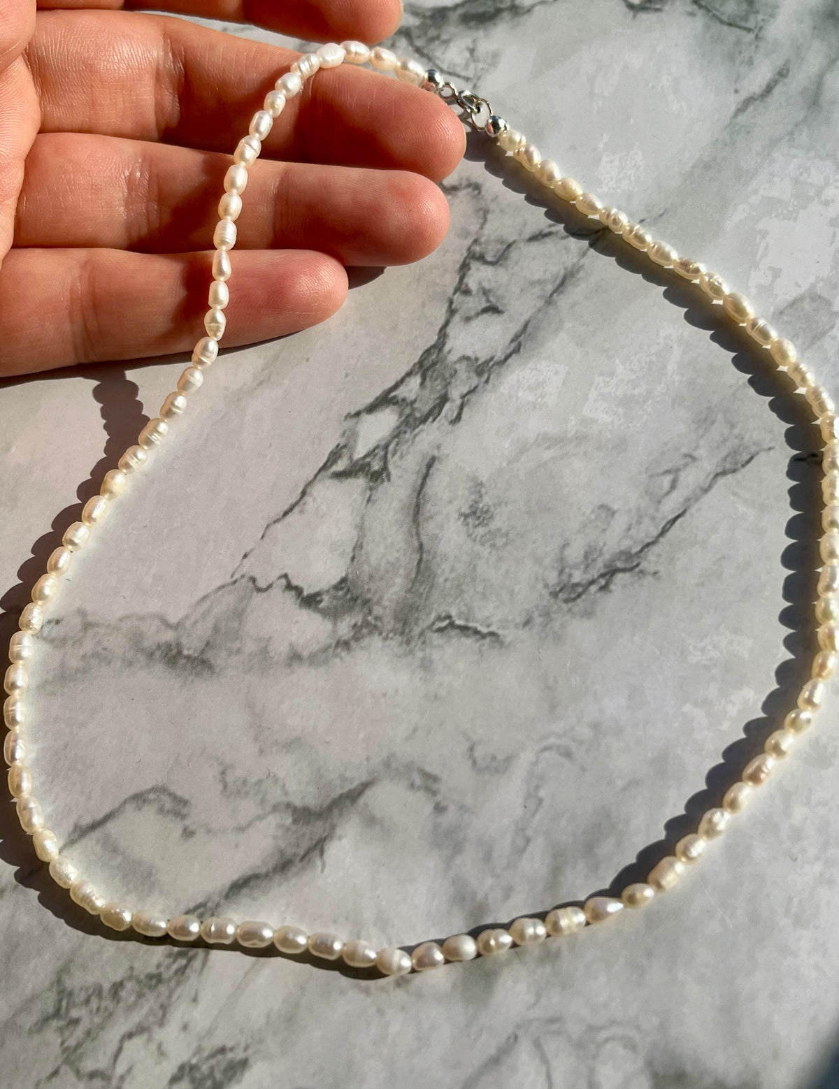 Delicate White Rice Freshwater Pearl Necklace with Sterling Silver Findings