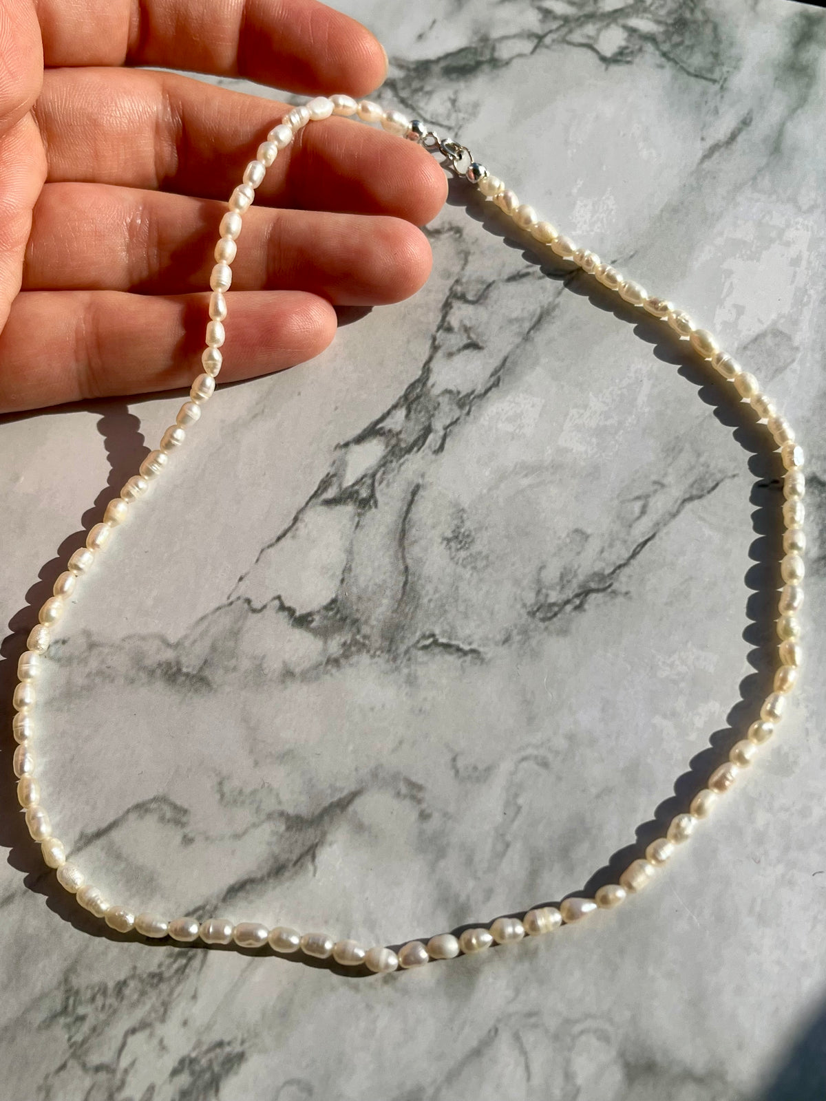Delicate White Rice Freshwater Pearl Necklace with Sterling Silver Findings