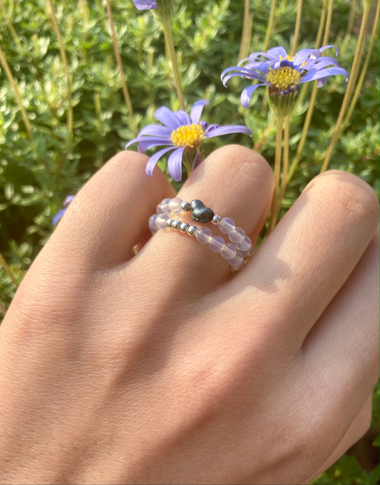 Moonstone & Moss Agate Gemstone Ring Set, 925 Silver Beads