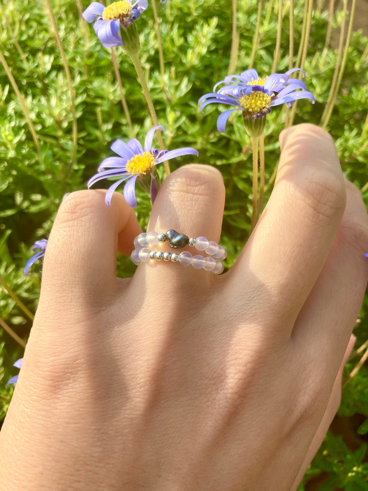 Moonstone & Moss Agate Gemstone Ring Set, 925 Silver Beads