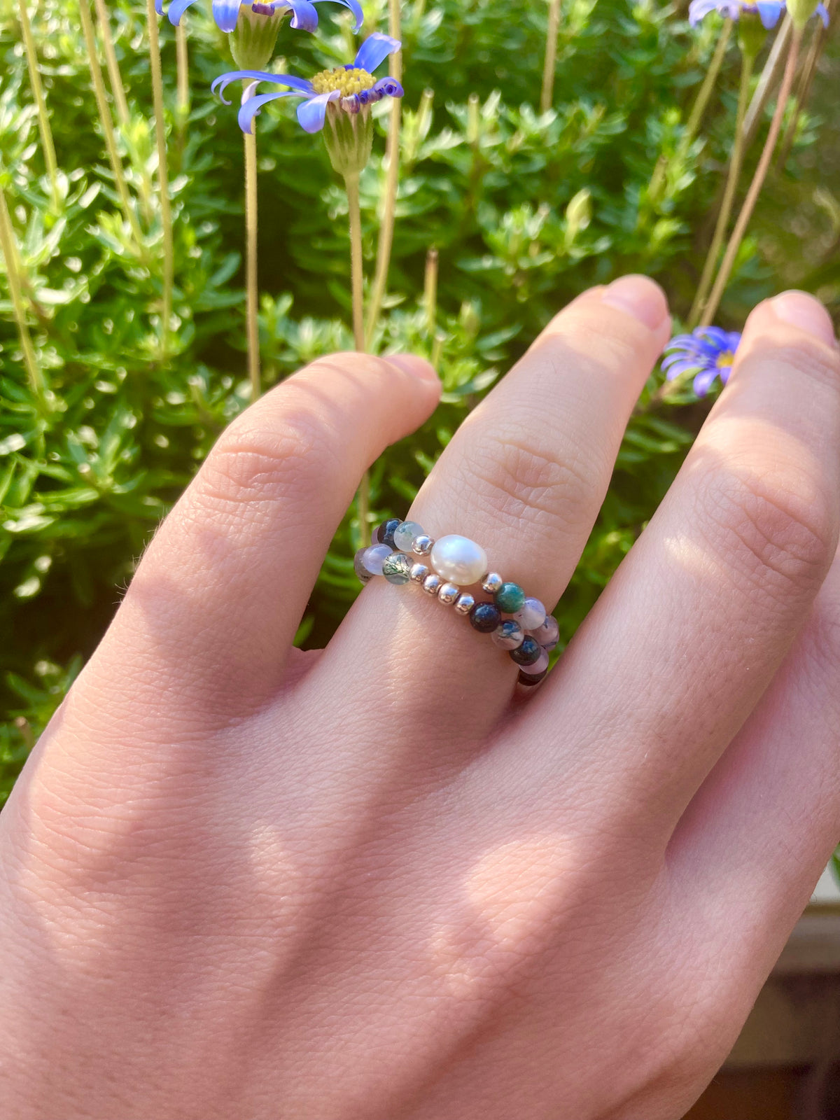 Moonstone & Moss Agate Gemstone Ring Set, 925 Silver Beads