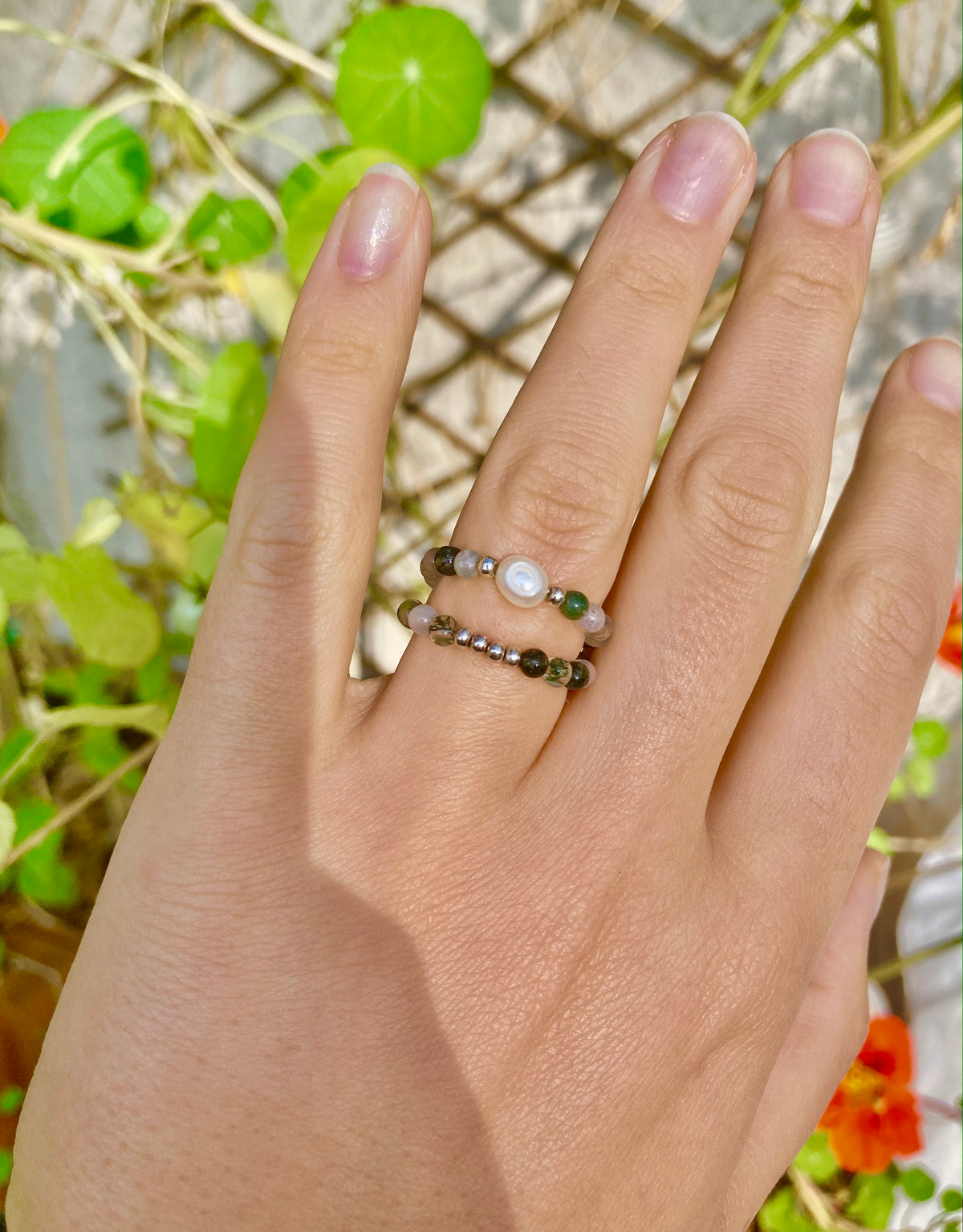Moonstone & Moss Agate Gemstone Ring Set, 925 Silver Beads