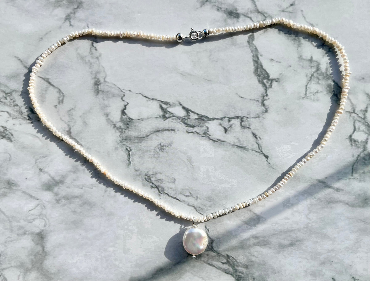 Keshi Freshwater Pearl Necklace with Sterling Silver Findings And Baroque Pearl Pendant