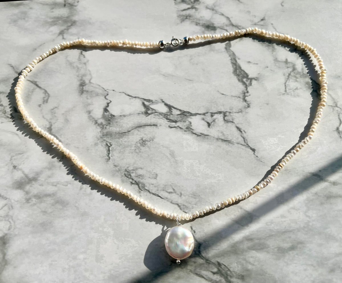 Keshi Freshwater Pearl Necklace with Sterling Silver Findings And Baroque Pearl Pendant