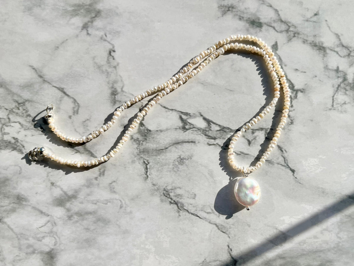 Keshi Freshwater Pearl Necklace with Sterling Silver Findings And Baroque Pearl Pendant