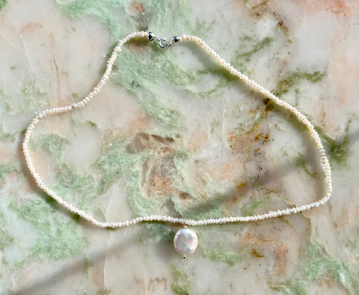 Keshi Freshwater Pearl Necklace with Sterling Silver Findings And Baroque Pearl Pendant