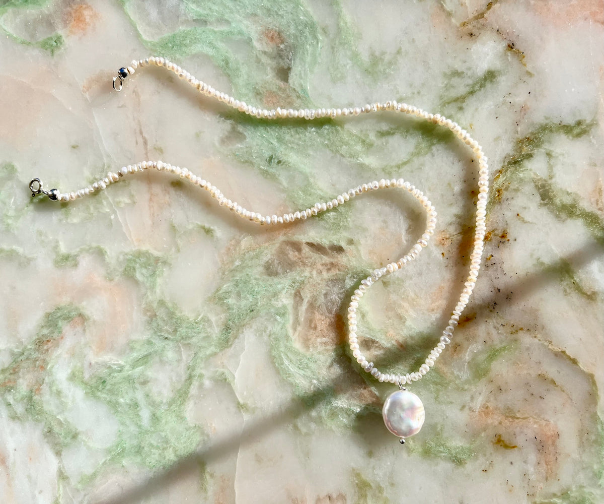 Keshi Freshwater Pearl Necklace with Sterling Silver Findings And Baroque Pearl Pendant