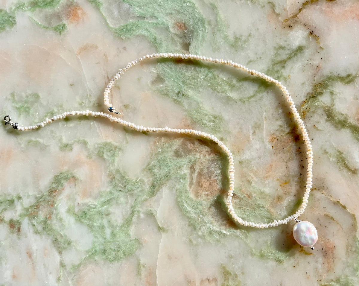 Keshi Freshwater Pearl Necklace with Sterling Silver Findings And Baroque Pearl Pendant