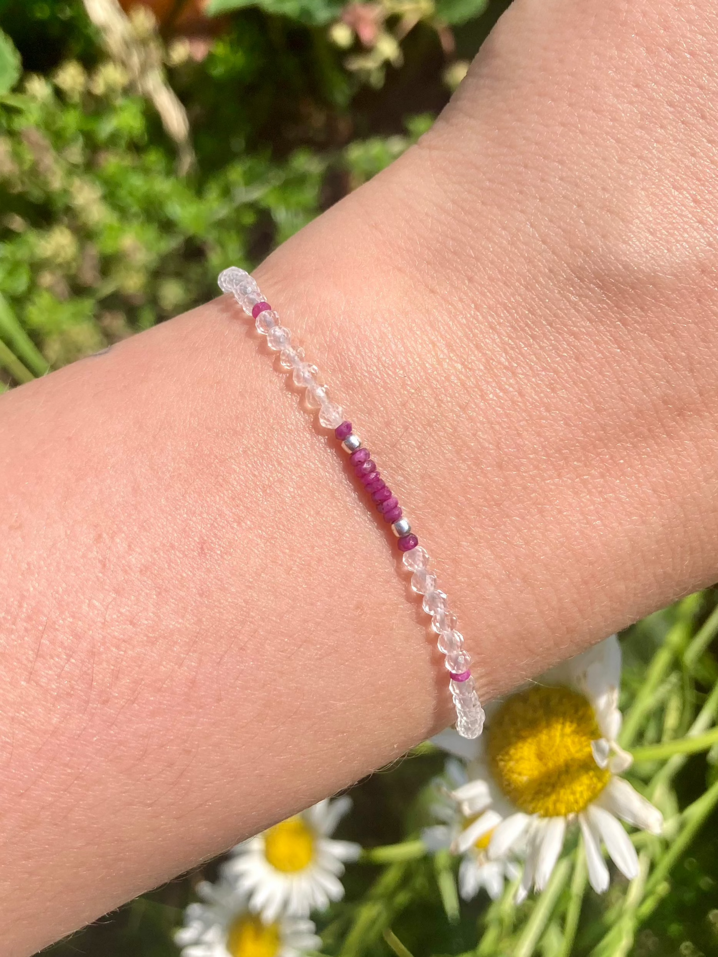 Delicate Bracelet with Ruby, Clear Quartz, and Silver Beads