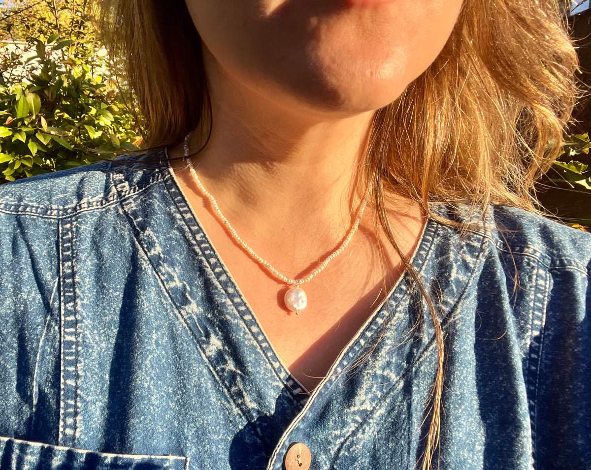 Keshi Freshwater Pearl Necklace with Sterling Silver Findings And Baroque Pearl Pendant
