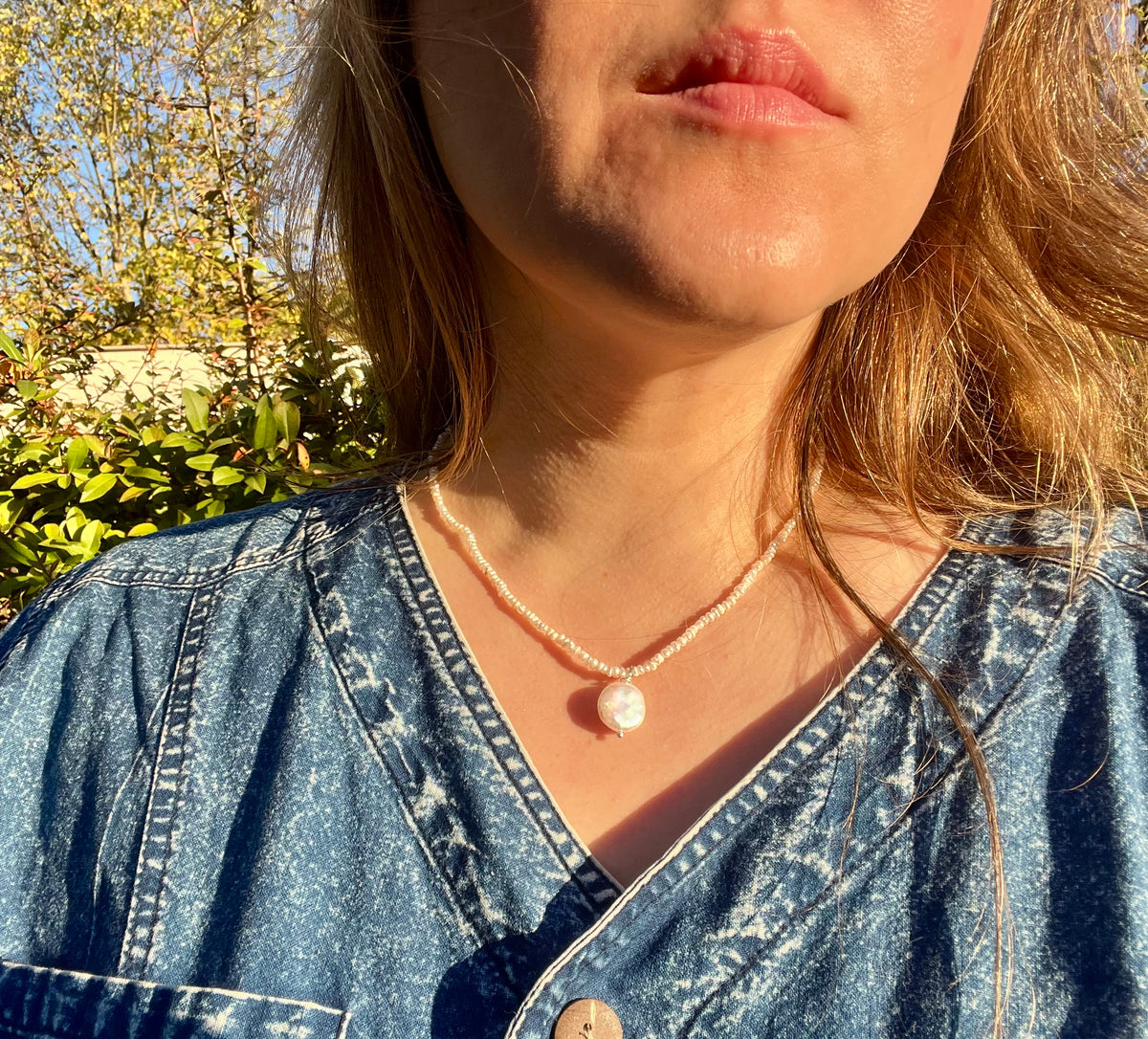 Keshi Freshwater Pearl Necklace with Sterling Silver Findings And Baroque Pearl Pendant