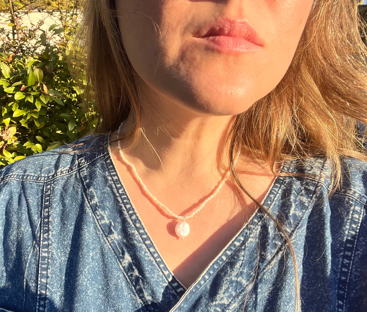 Keshi Freshwater Pearl Necklace with Sterling Silver Findings And Baroque Pearl Pendant