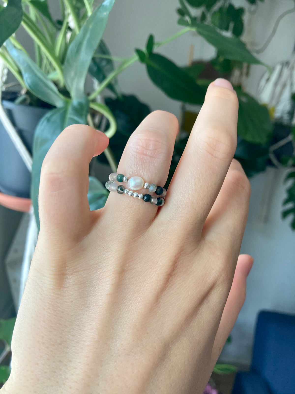 Moonstone & Moss Agate Gemstone Ring Set, 925 Silver Beads