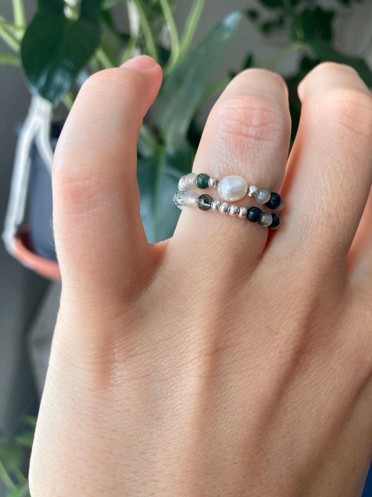 Moonstone & Moss Agate Gemstone Ring Set, 925 Silver Beads