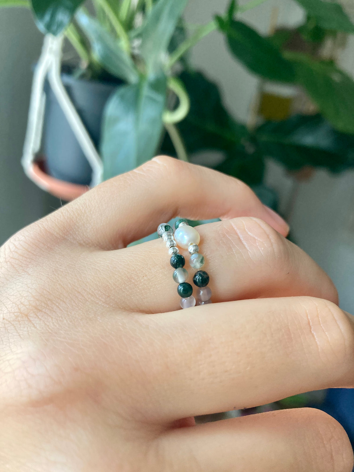 Moonstone & Moss Agate Gemstone Ring Set, 925 Silver Beads