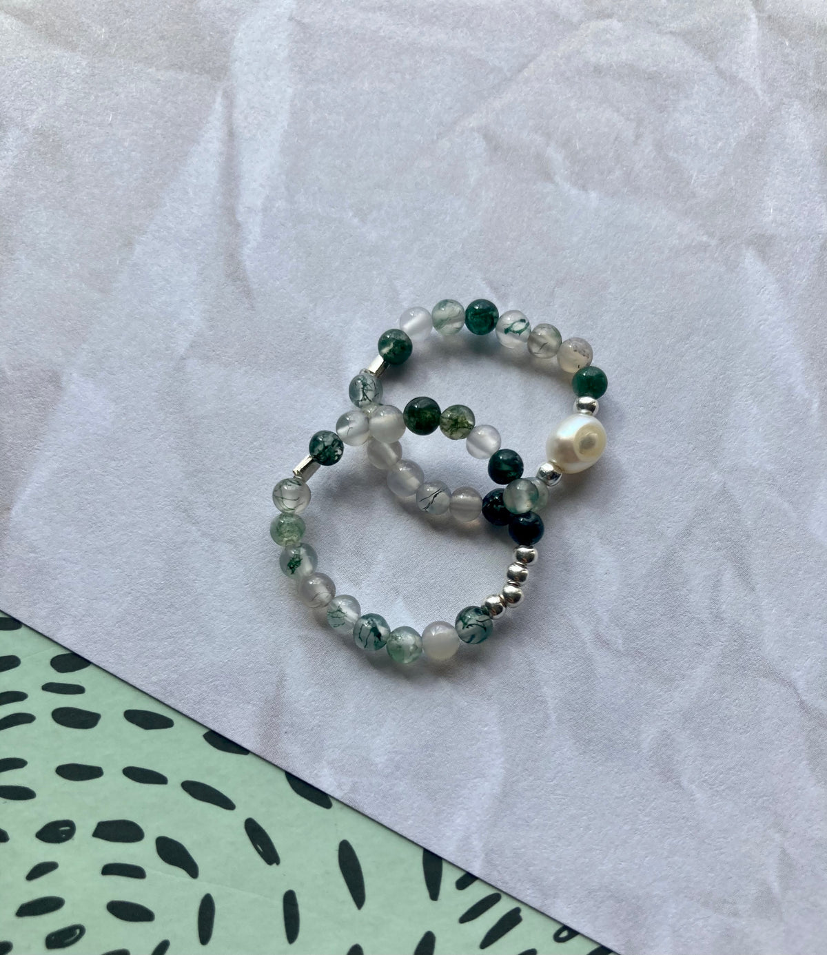 Moonstone & Moss Agate Gemstone Ring Set, 925 Silver Beads