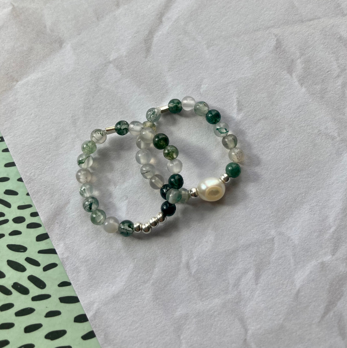 Moonstone & Moss Agate Gemstone Ring Set, 925 Silver Beads