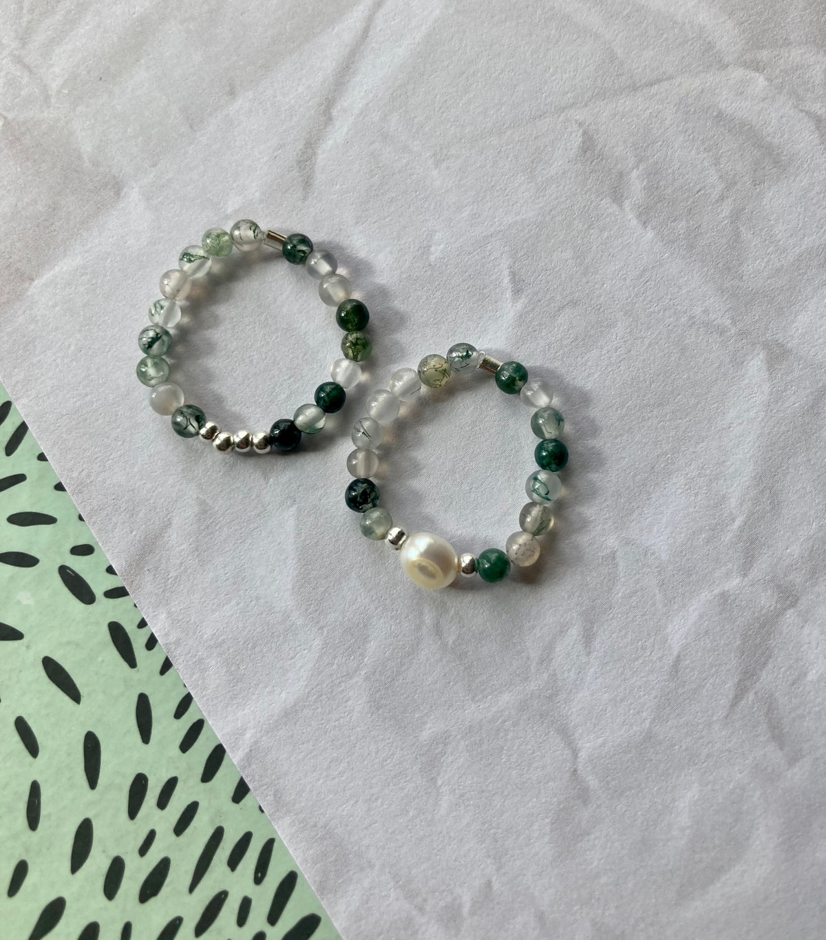 Moonstone & Moss Agate Gemstone Ring Set, 925 Silver Beads