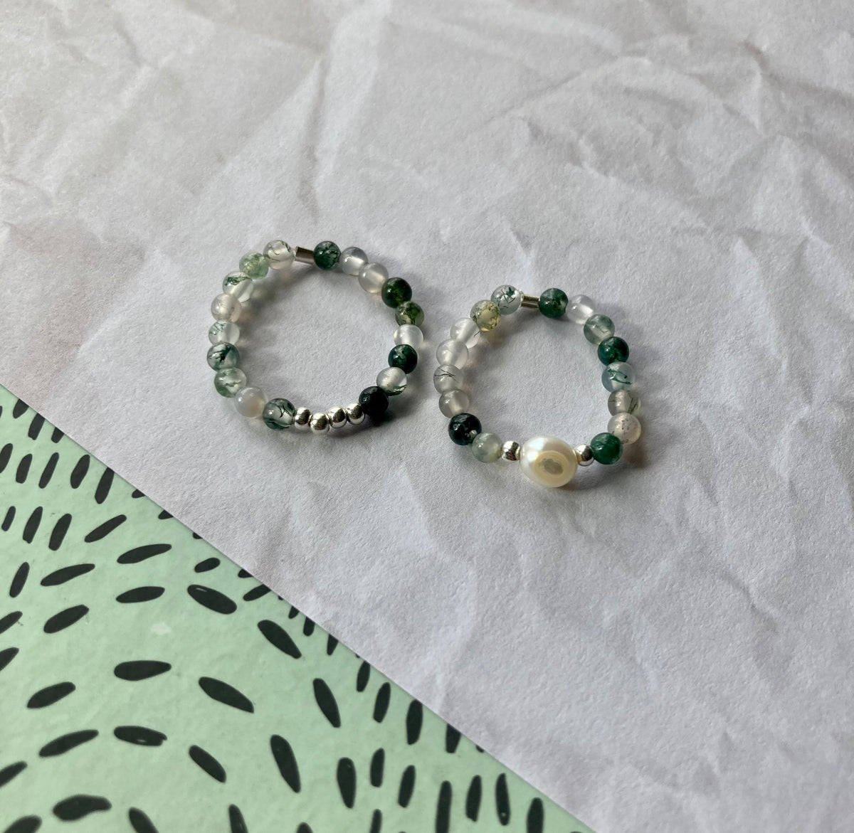 Moonstone & Moss Agate Gemstone Ring Set, 925 Silver Beads