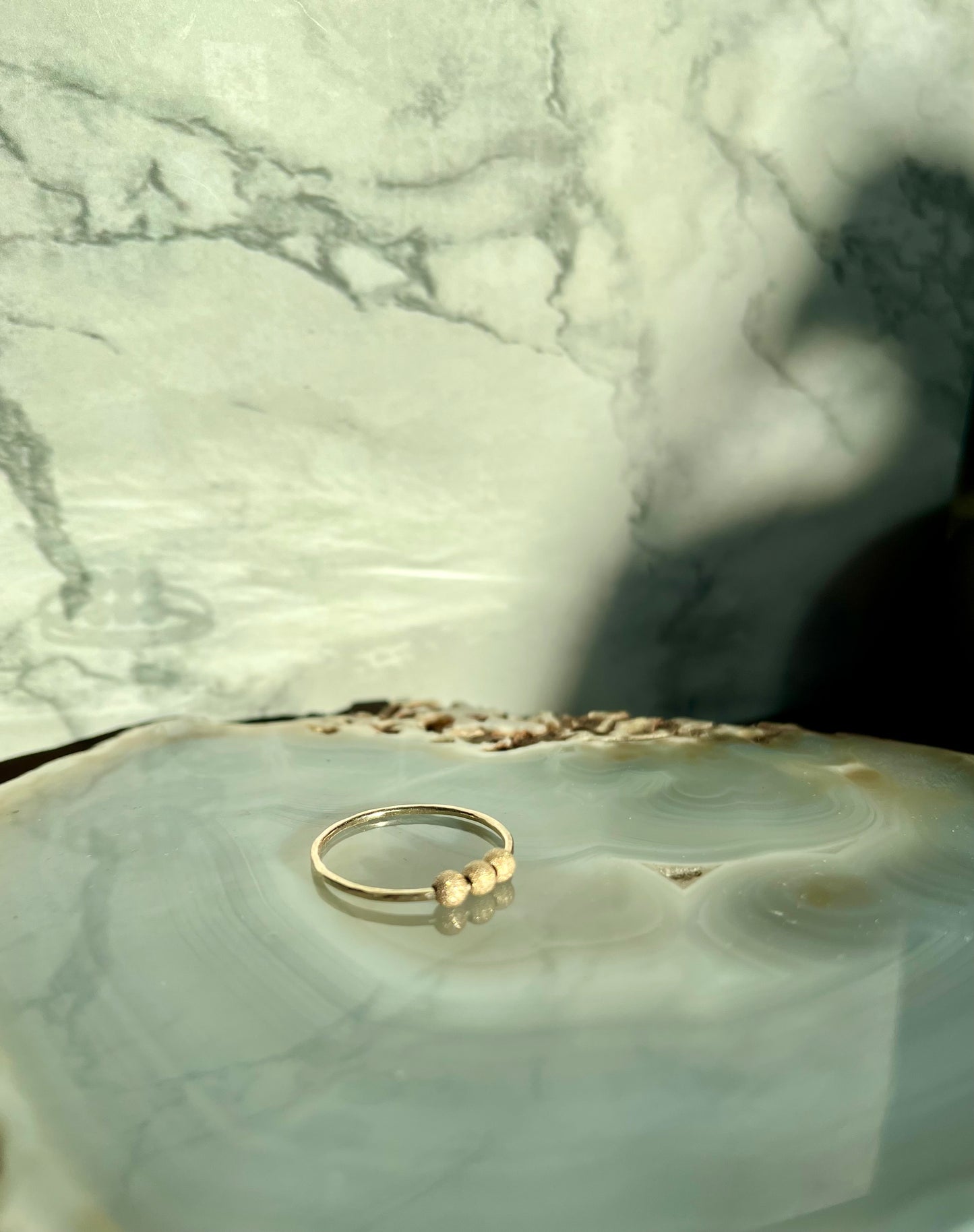 Handmade 9K Gold Fidget Ring Hammered Anti Anxiety Ring with Three Textured Moving Beads