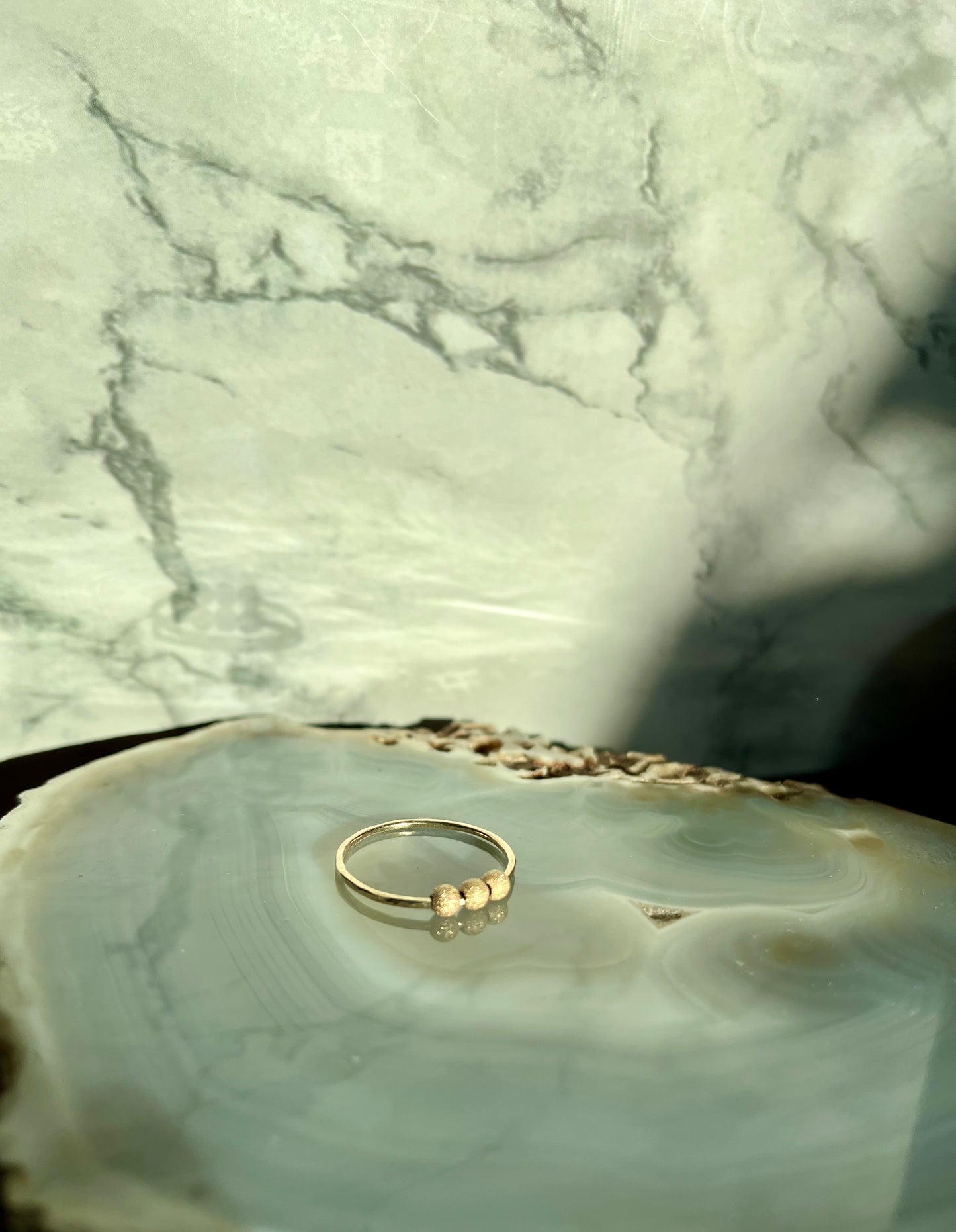 Handmade 9K Gold Fidget Ring Hammered Anti Anxiety Ring with Three Textured Moving Beads