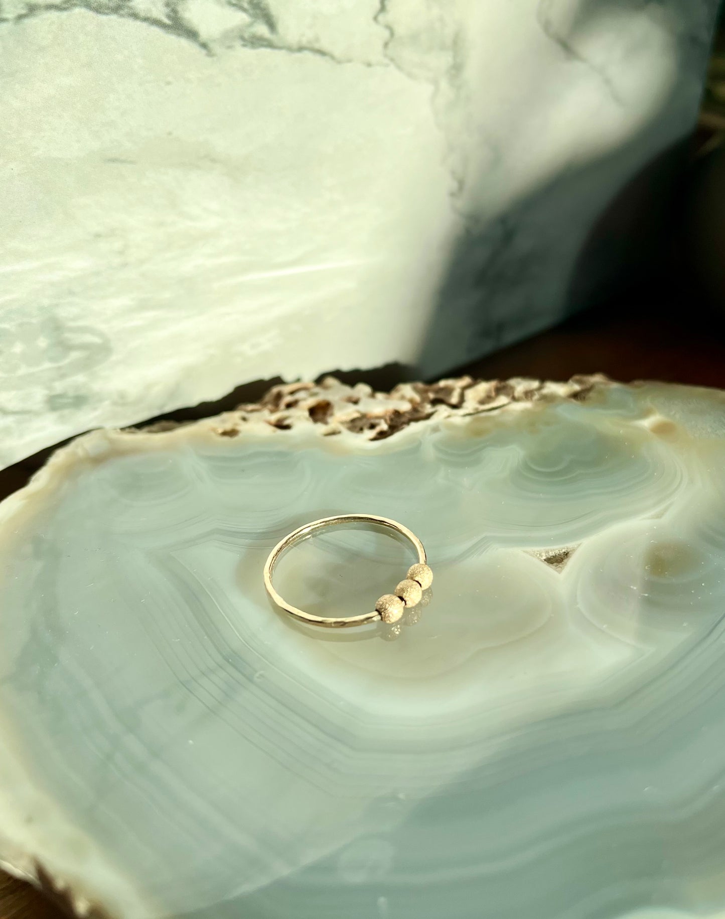 Handmade 9K Gold Fidget Ring Hammered Anti Anxiety Ring with Three Textured Moving Beads