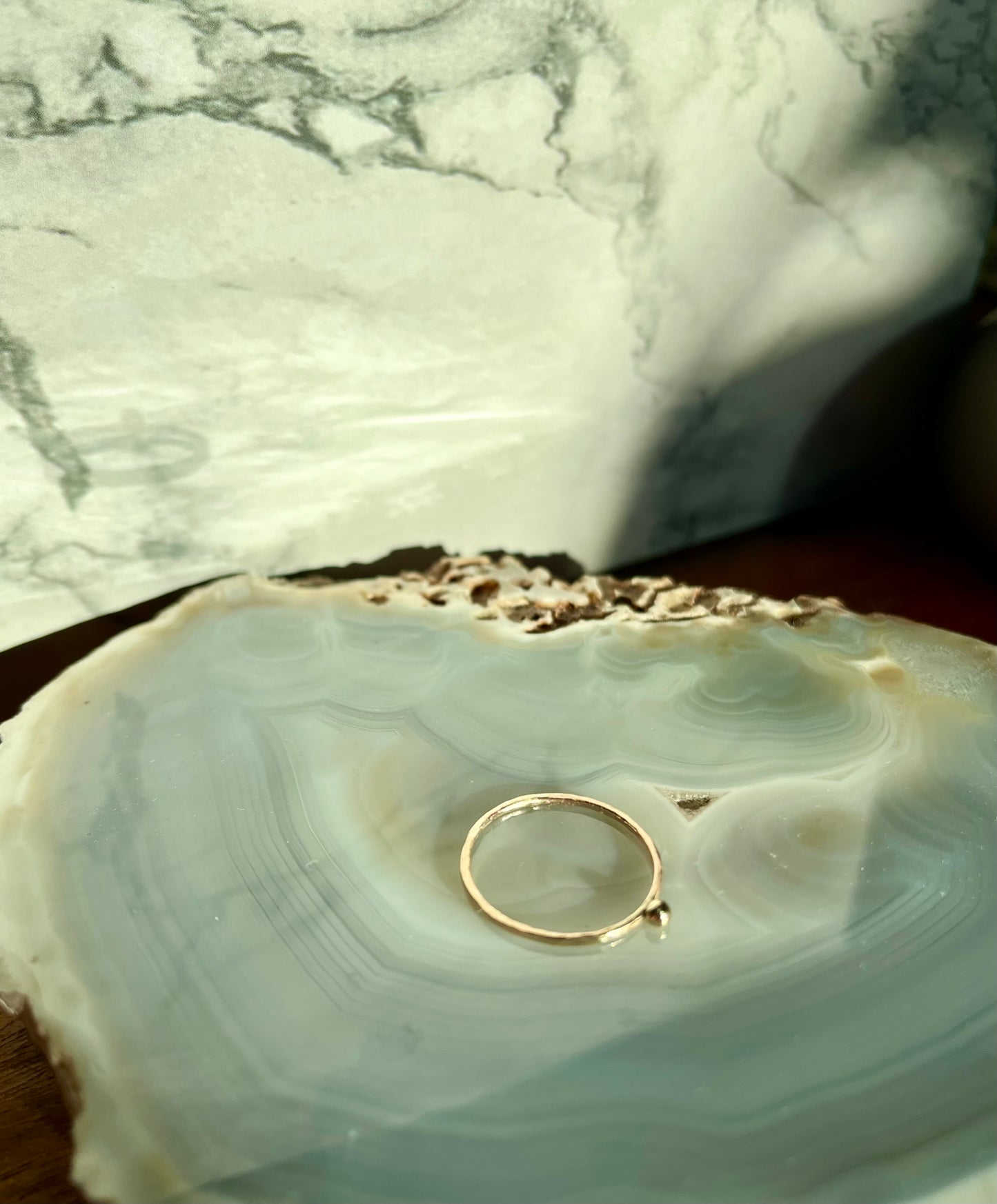 Delicate Solid 9K Gold Thin Hammered Ring with Tactile Pebble Ball