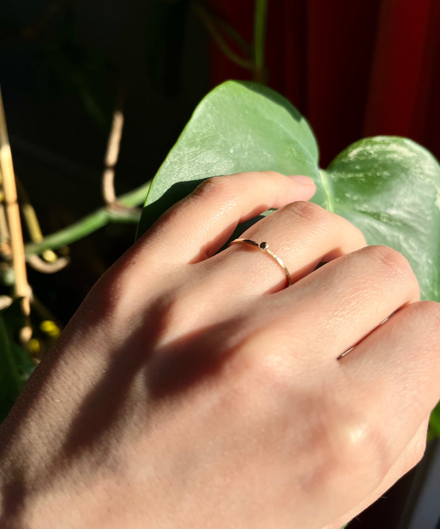 Delicate Solid 9K Gold Thin Hammered Ring with Tactile Pebble Ball