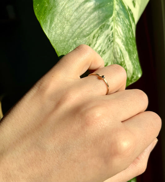 Delicate Solid 9K Gold Thin Hammered Ring with Tactile Pebble Ball