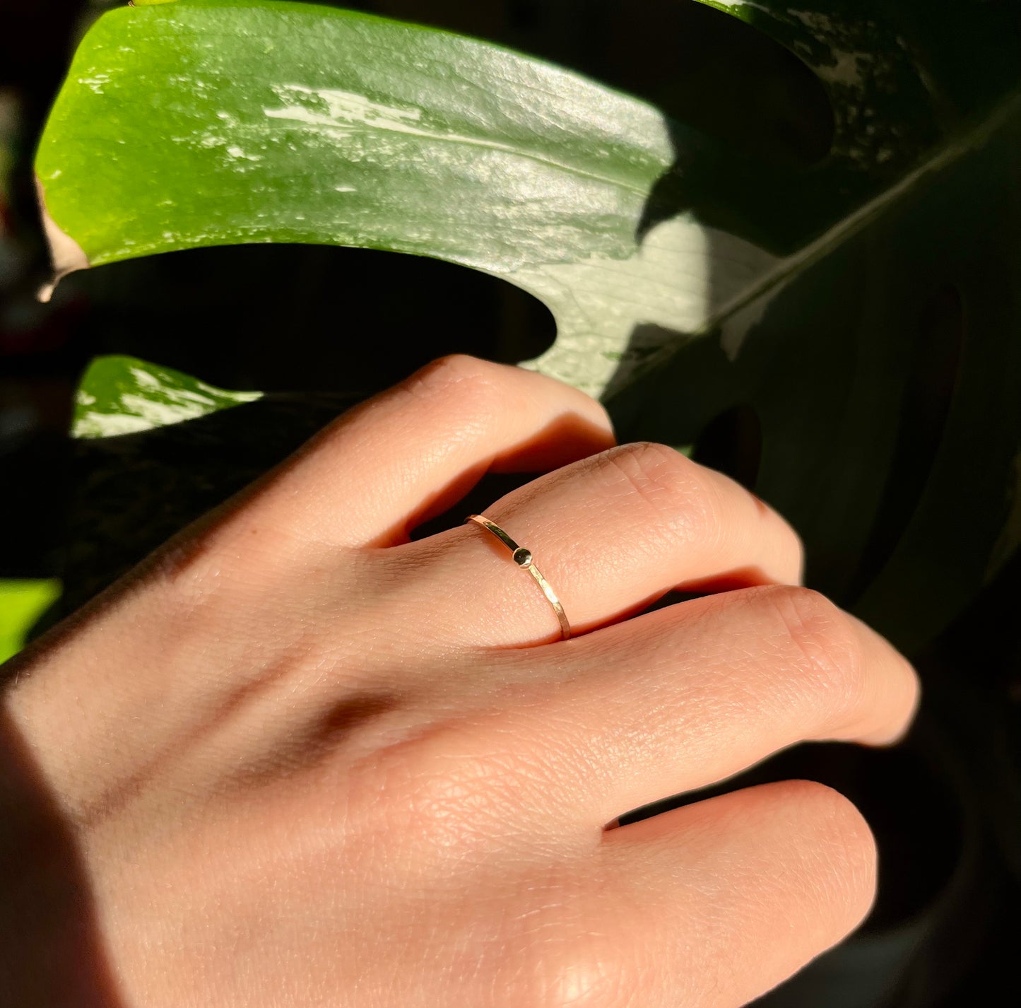 Delicate Solid 9K Gold Thin Hammered Ring with Tactile Pebble Ball