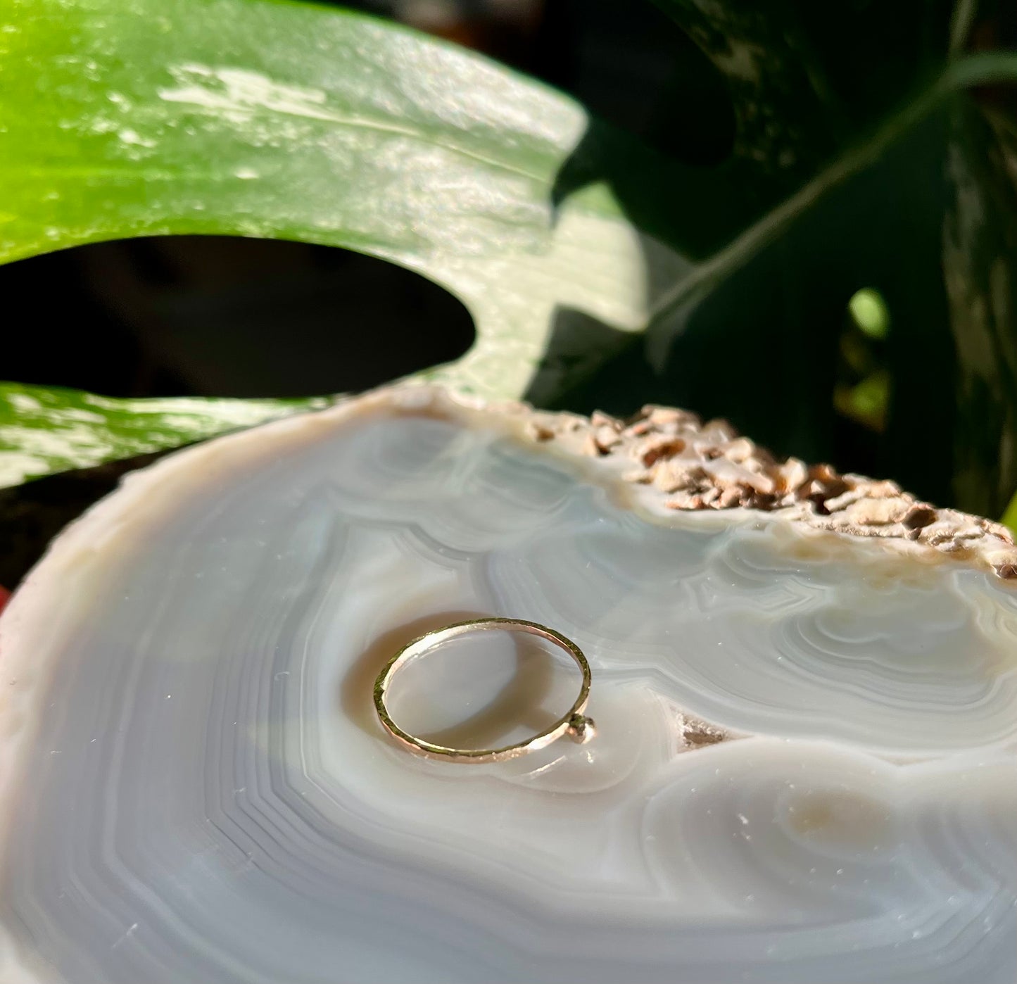 Delicate Solid 9K Gold Thin Hammered Ring with Tactile Pebble Ball
