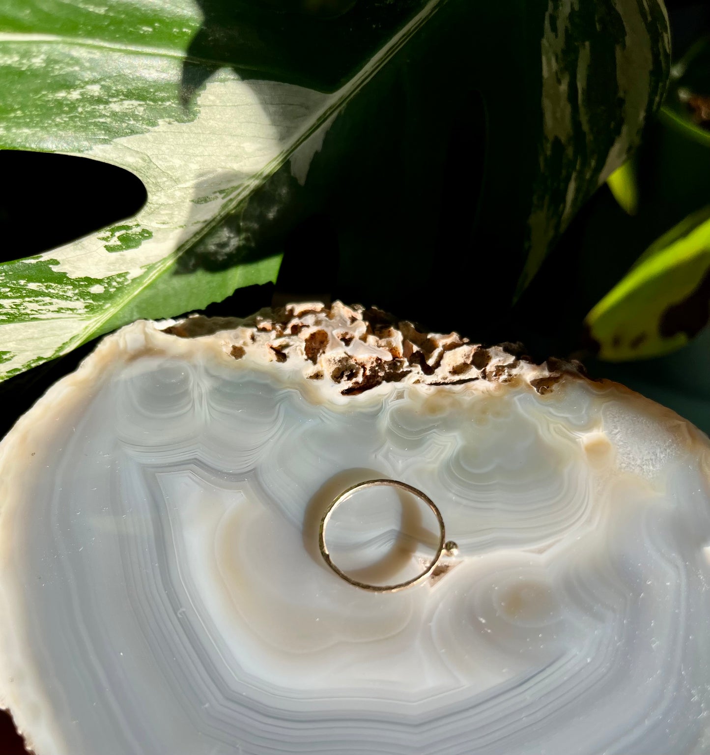 Delicate Solid 9K Gold Thin Hammered Ring with Tactile Pebble Ball