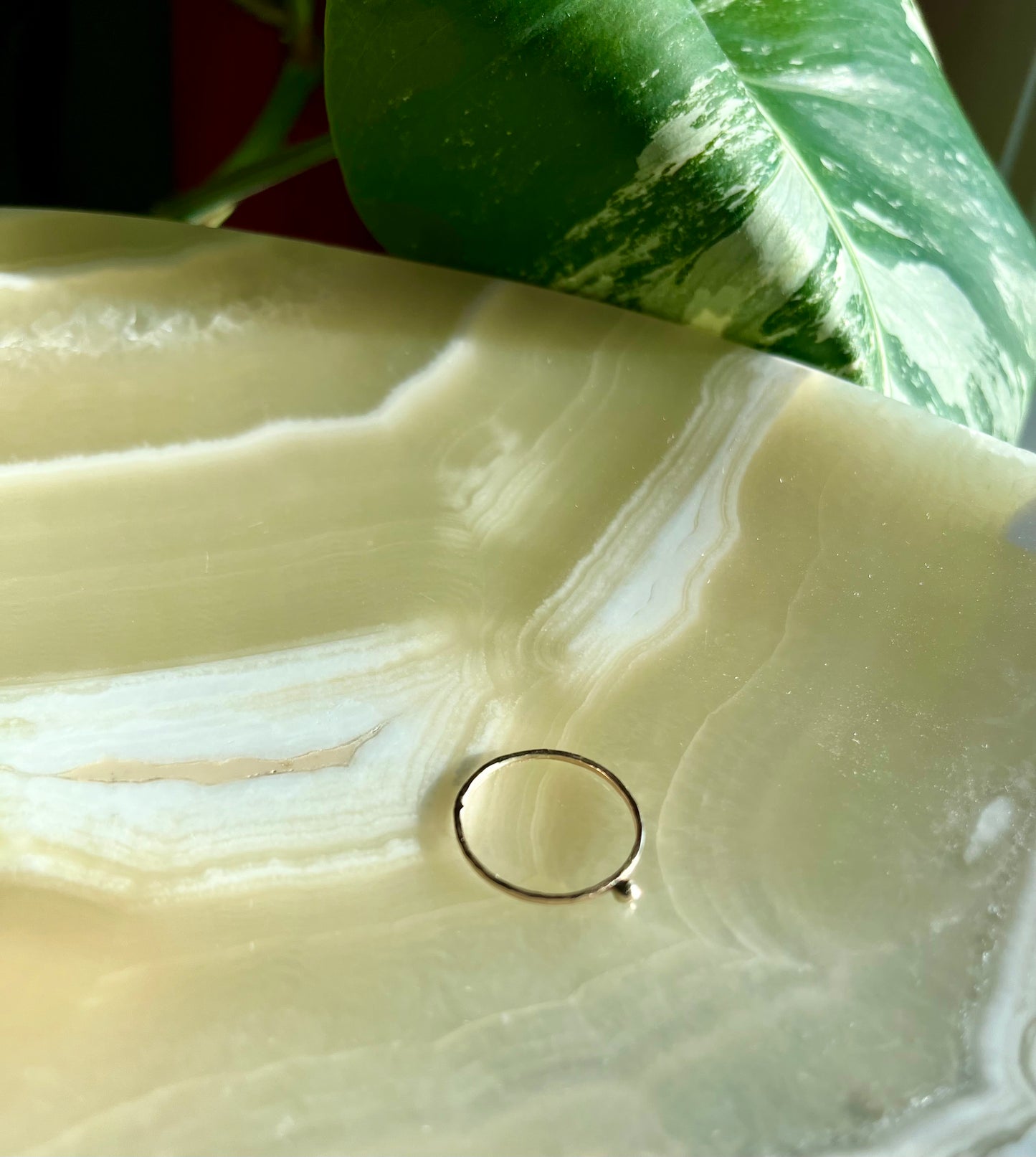 Delicate Solid 9K Gold Thin Hammered Ring with Tactile Pebble Ball
