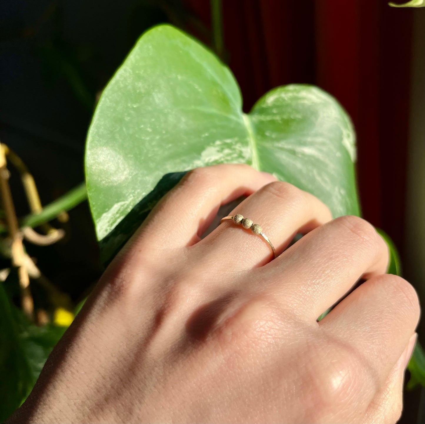 Handmade 9K Gold Fidget Ring Hammered Anti Anxiety Ring with Three Textured Moving Beads