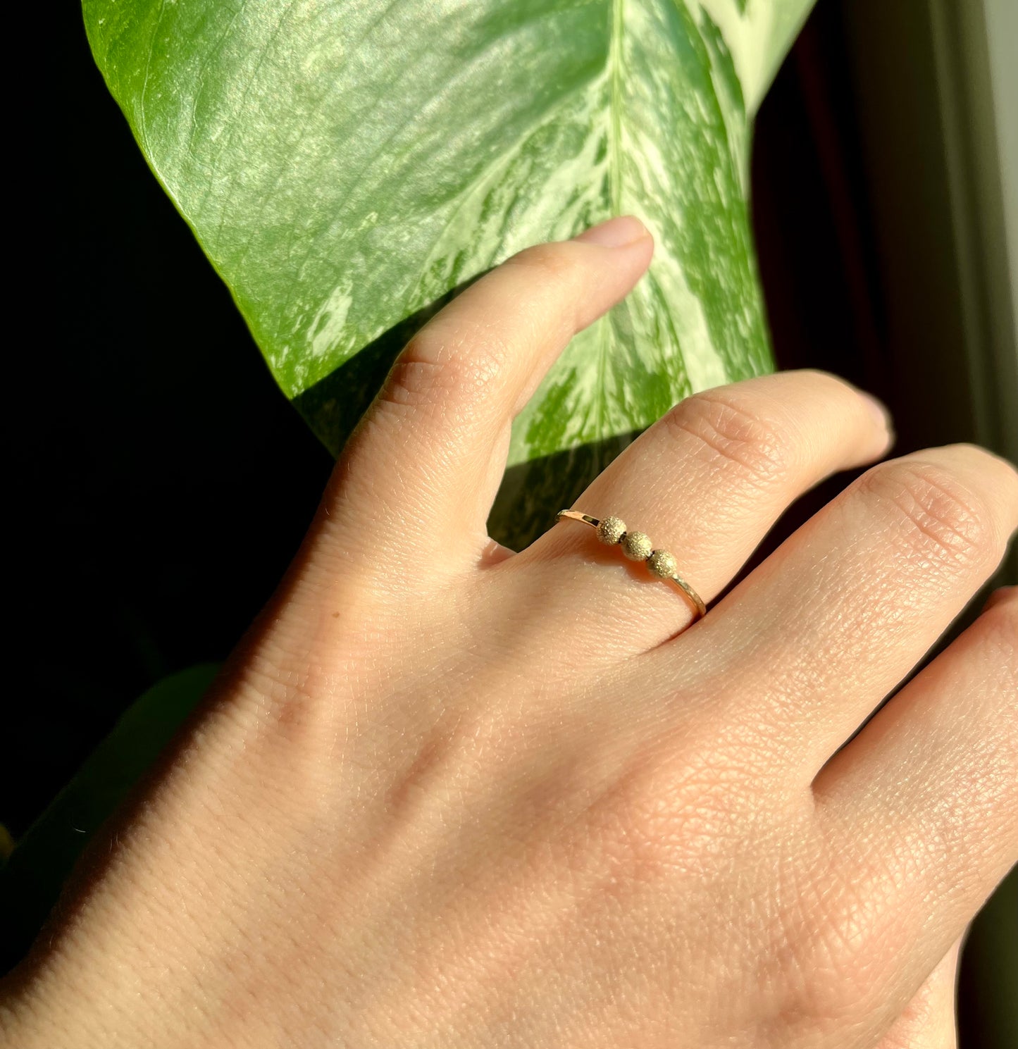 Handmade 9K Gold Fidget Ring Hammered Anti Anxiety Ring with Three Textured Moving Beads