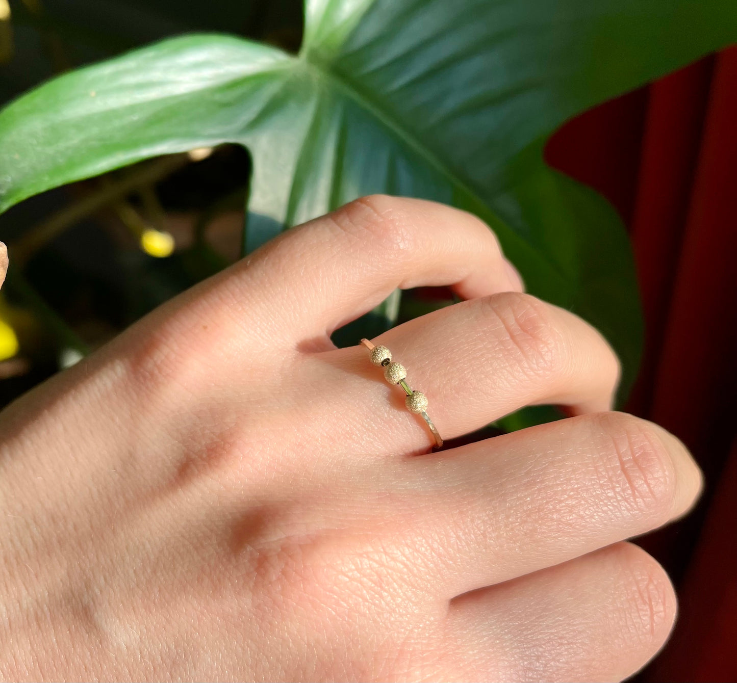 Handmade 9K Gold Fidget Ring Hammered Anti Anxiety Ring with Three Textured Moving Beads