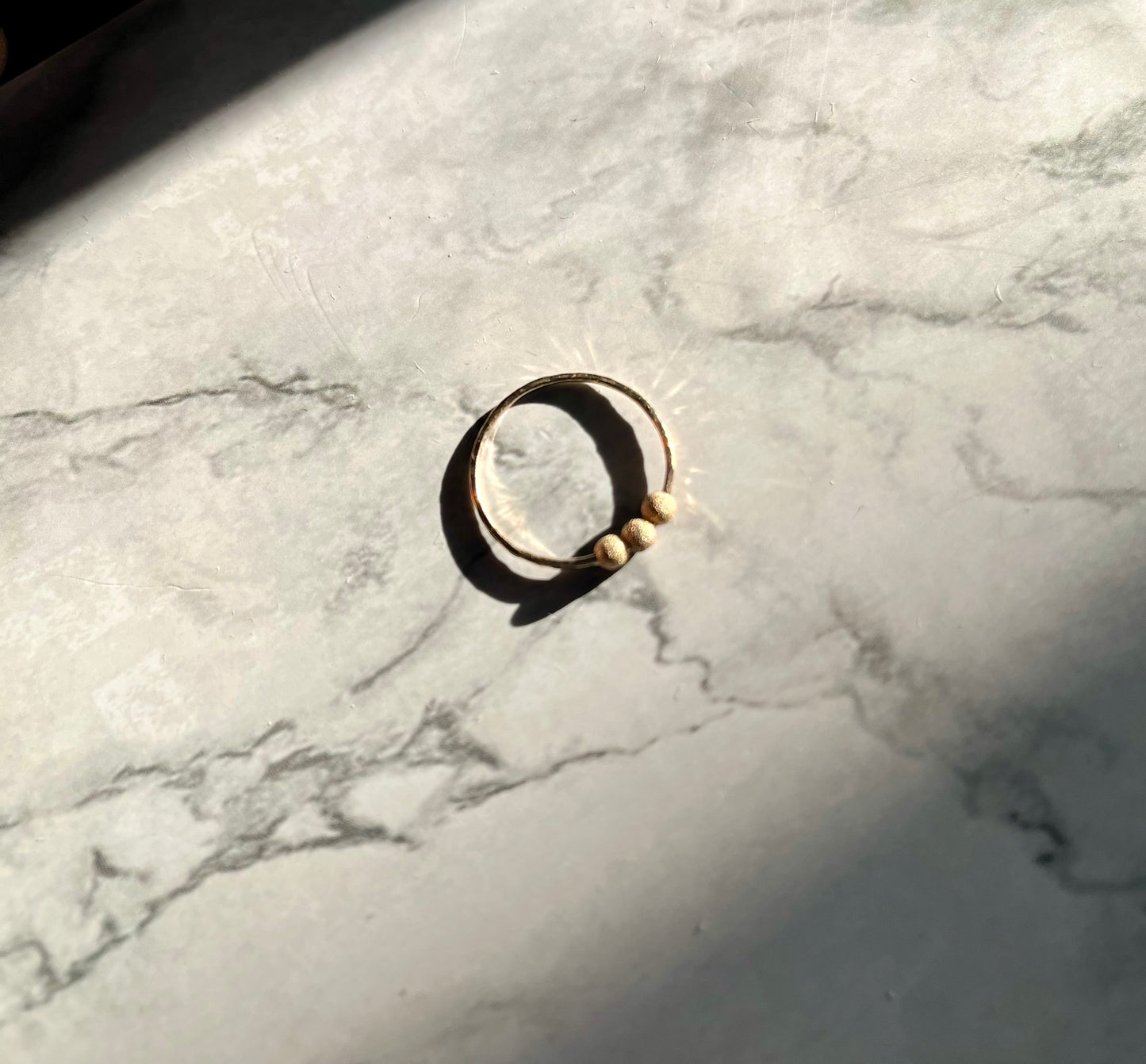 Handmade 9K Gold Fidget Ring Hammered Anti Anxiety Ring with Three Textured Moving Beads