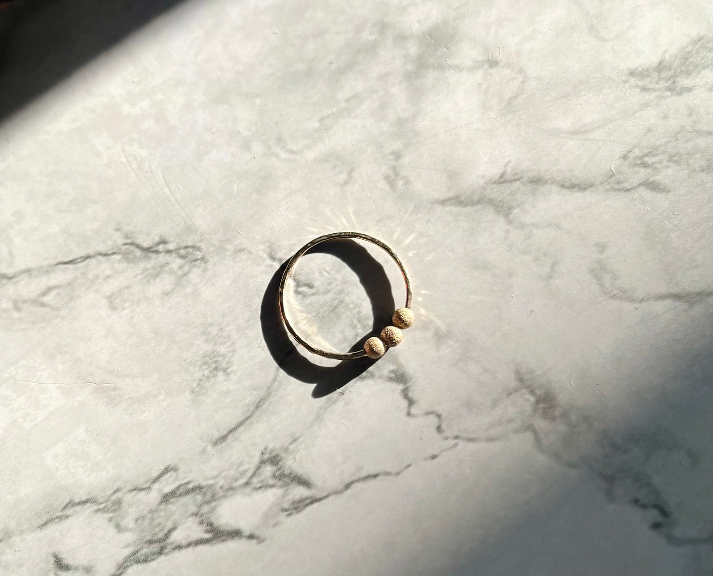 Handmade 9K Gold Fidget Ring Hammered Anti Anxiety Ring with Three Textured Moving Beads